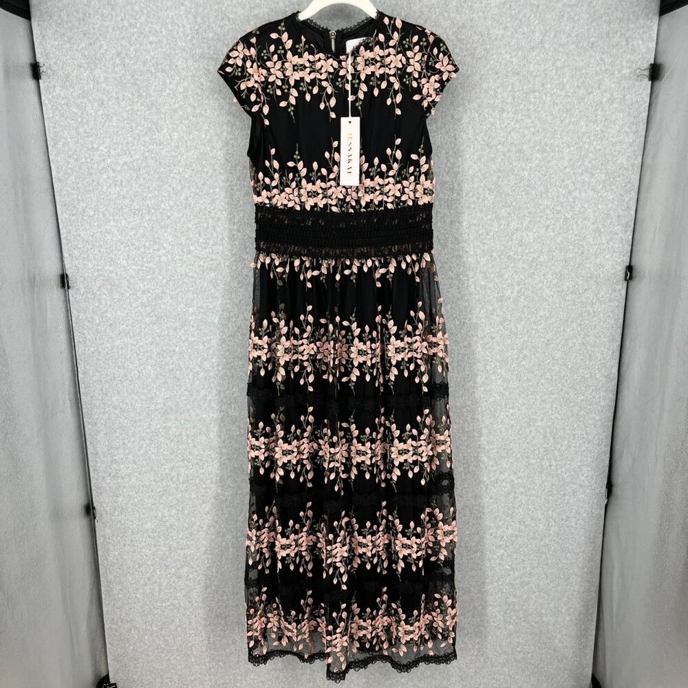 NWT - JessaKae "Stella" Lace Maxi Dress Sz M Black/Pink Floral